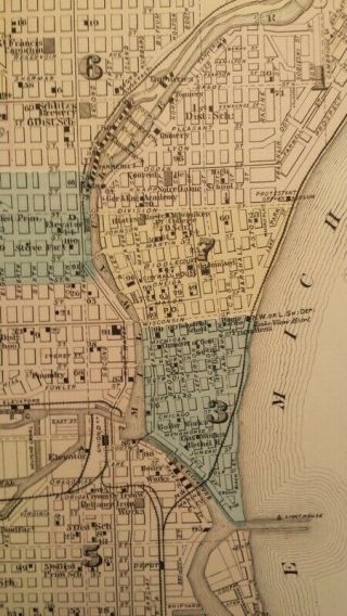 1877 Antique Map of Milwaukee,  Wisconsin Hand - Colored w Locations of Buildings 3