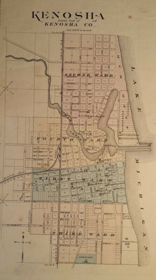 1877 Antique Map of Milwaukee,  Wisconsin Hand - Colored w Locations of Buildings 7