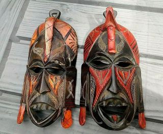 Vintage Pair African Tribal Ethnic Hand Carved Wooden Wall Masks Kenya 1988