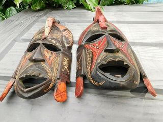 Vintage Pair AFRICAN TRIBAL ETHNIC Hand Carved Wooden Wall Masks Kenya 1988 2