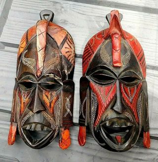 Vintage Pair AFRICAN TRIBAL ETHNIC Hand Carved Wooden Wall Masks Kenya 1988 5