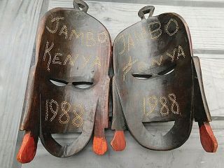 Vintage Pair AFRICAN TRIBAL ETHNIC Hand Carved Wooden Wall Masks Kenya 1988 6