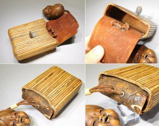 SIGNED Noh - mask NETSUKE w Tobakko - Ire INRO 19thC Japanese Antique Edo 11
