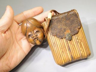 SIGNED Noh - mask NETSUKE w Tobakko - Ire INRO 19thC Japanese Antique Edo 12