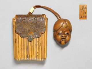 Signed Noh - Mask Netsuke W Tobakko - Ire Inro 19thc Japanese Antique Edo