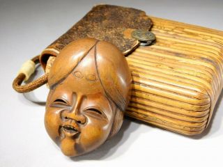 SIGNED Noh - mask NETSUKE w Tobakko - Ire INRO 19thC Japanese Antique Edo 4