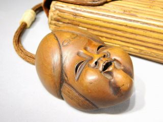 SIGNED Noh - mask NETSUKE w Tobakko - Ire INRO 19thC Japanese Antique Edo 5