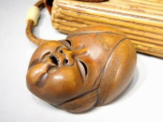 SIGNED Noh - mask NETSUKE w Tobakko - Ire INRO 19thC Japanese Antique Edo 6