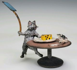 Antique C1900 Franz Bergman Vienna Bronze Miniature Figure Of Cat Swatting Mouse
