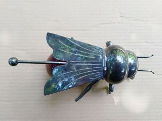 SILVER PLATED HONEY BEE JAM OR HONEY POT RED GLASS 