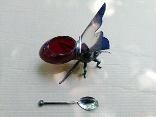 SILVER PLATED HONEY BEE JAM OR HONEY POT RED GLASS 
