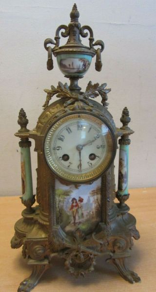 Antique 1889 Samuel Marti Ornate French Mantel Clock,  Painted Porcelain Panel