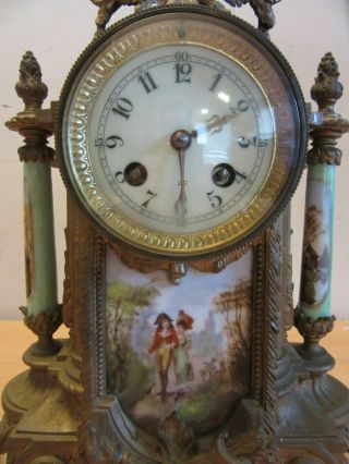 Antique 1889 Samuel Marti Ornate French Mantel Clock,  painted porcelain panel 2