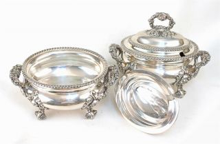 Antique Pair Late English Georgian Sheffield Silver Sauce Tureens 2