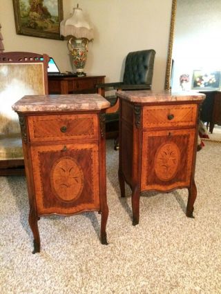 Antique French Marquetry Inlaid Louis Xv Night Stands