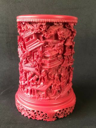 Fine And Rare 19th C.  Chinese Polychromed Deep Carving Figures Brush Pot