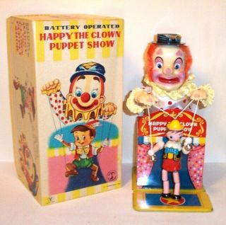 Mib 1960s Happy The Clown Puppet Show Battery Operated Tin Litho Circus Toy