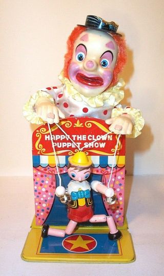 MIB 1960s HAPPY THE CLOWN PUPPET SHOW BATTERY OPERATED TIN LITHO CIRCUS TOY 2