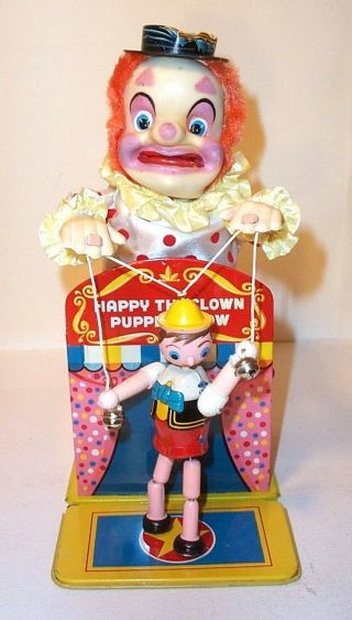 MIB 1960s HAPPY THE CLOWN PUPPET SHOW BATTERY OPERATED TIN LITHO CIRCUS TOY 3