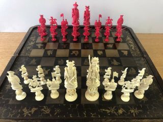 Quality 19th C.  Chinese Cantonese Polychromed Chess And Box Complete