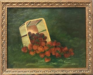 Antique 19th Century American Folk Art Primitive Oil Painting Of Strawberries