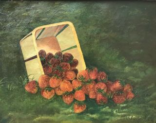 Antique 19th Century American Folk Art Primitive Oil Painting of Strawberries 4