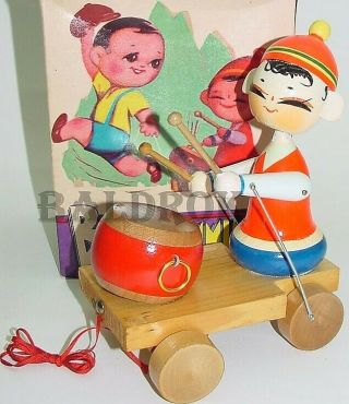 Wp 359 Wooden Toy Boy Drumming Red China Vintage 1960s