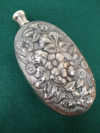 Whiting Sterling Silver Flask Repousse Edwin Davis French Design Antique 1886 2
