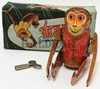 Ms 044 Monkey Tin Toy Wind Up Red China Vintage 1960s
