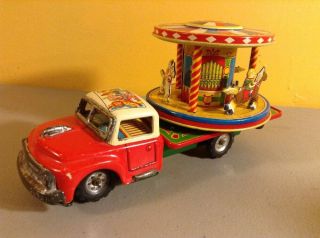 Tn Nomura Friction Truck Merry Go Round Tin Litho Clown Circus Truck Carousel