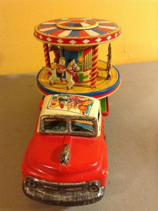 TN NOMURA FRICTION TRUCK MERRY GO ROUND TIN LITHO CLOWN CIRCUS TRUCK CAROUSEL 2