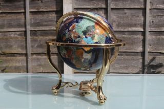 World Globe Brass Stand Compass Purple Quartz Onyx Semi Precious Gem Stones 16”