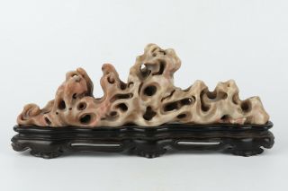 Antique Chinese Shoushan Stone Penholder With Redwood Base