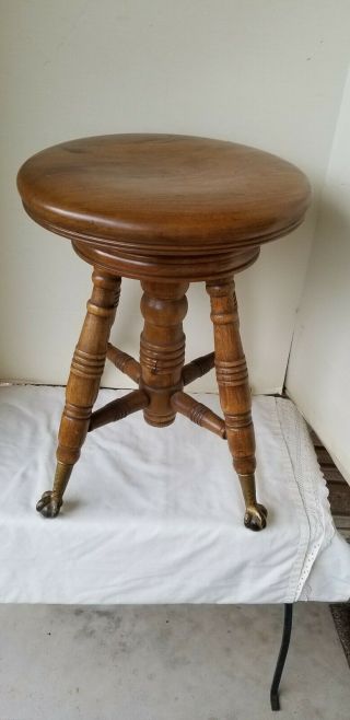 Vintage A.  Merriam Co Piano Stool Wood Adjustable W/ Claw Feet Glass Ball