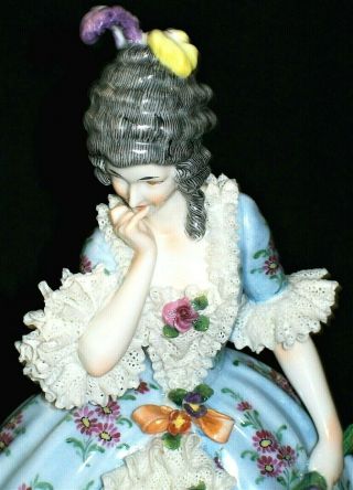 Antique German Early Dresden Lace Lady Dancer With Flowers Porcelain Figurine
