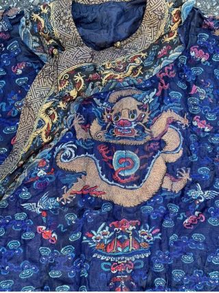 Old Chinese Qing Dynasty Silk Court Robe With Gold Metallic Dragons 2