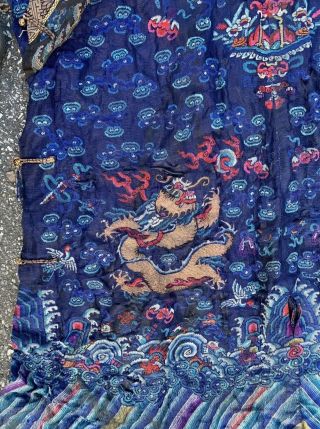 Old Chinese Qing Dynasty Silk Court Robe With Gold Metallic Dragons 3
