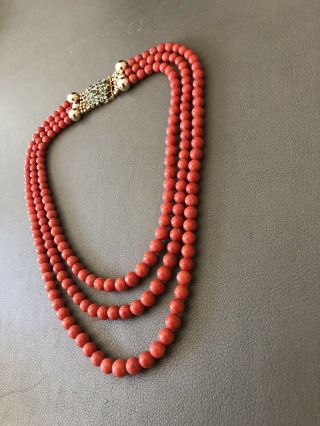 Vintage Red Coral Bead Necklace 115.  4 Gram 18 K Gold Colonbian Emerald Diamond