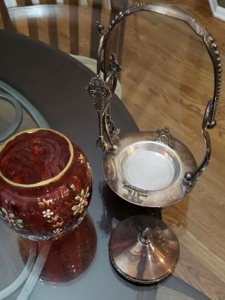 Antique Meriden Silver Plate Pickle Castor With Cranberry IVT Enamel Glass Jar 4