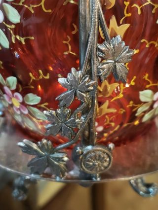 Antique Meriden Silver Plate Pickle Castor With Cranberry IVT Enamel Glass Jar 6