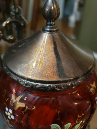 Antique Meriden Silver Plate Pickle Castor With Cranberry IVT Enamel Glass Jar 7
