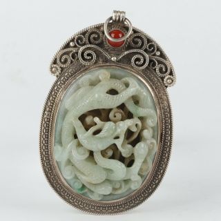 Antique Chinese Silver Inlay Jadeite Jade Pendant Carved Dragon