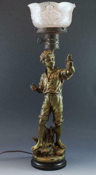 19c French Bronze Figural Newel Post Boy Fishing Fisherman W/ Shade