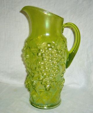 Antique Northwood Rare Lime Green Carnival Glass Grape Arbor Water Tankard