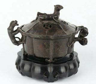 Antique Chinese Copper Incense Burner With Redwood Base