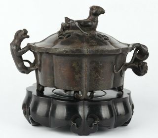 Antique Chinese Copper Incense Burner with Redwood Base 3