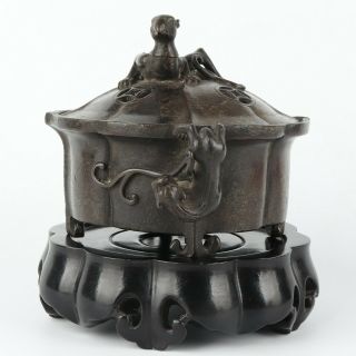 Antique Chinese Copper Incense Burner with Redwood Base 4