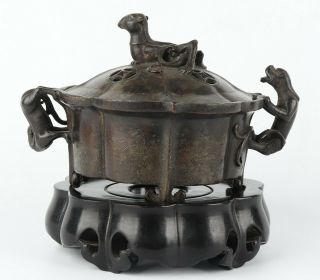 Antique Chinese Copper Incense Burner with Redwood Base 5