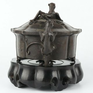 Antique Chinese Copper Incense Burner with Redwood Base 6