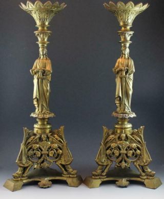 Pr Large Victorian Figural Caryatid Gilt Metal Candlesticks Joan Of Arc Athena